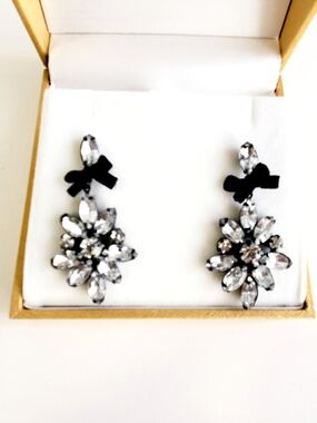 Crystal Flower Drop Earrings with Black Bow - Women Jewelry